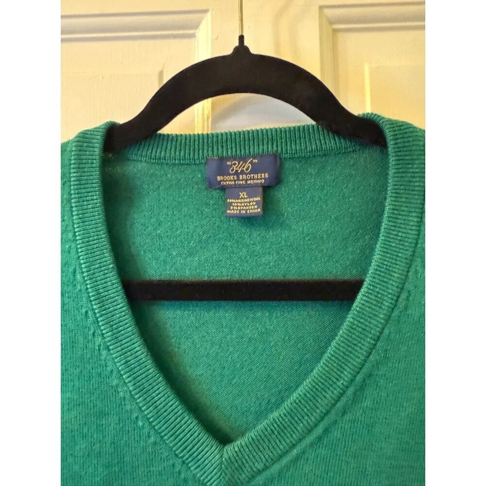 Brooks Brothers 365 Green Extra Fine Merino Wool V-Neck Mens Sweater - XL
